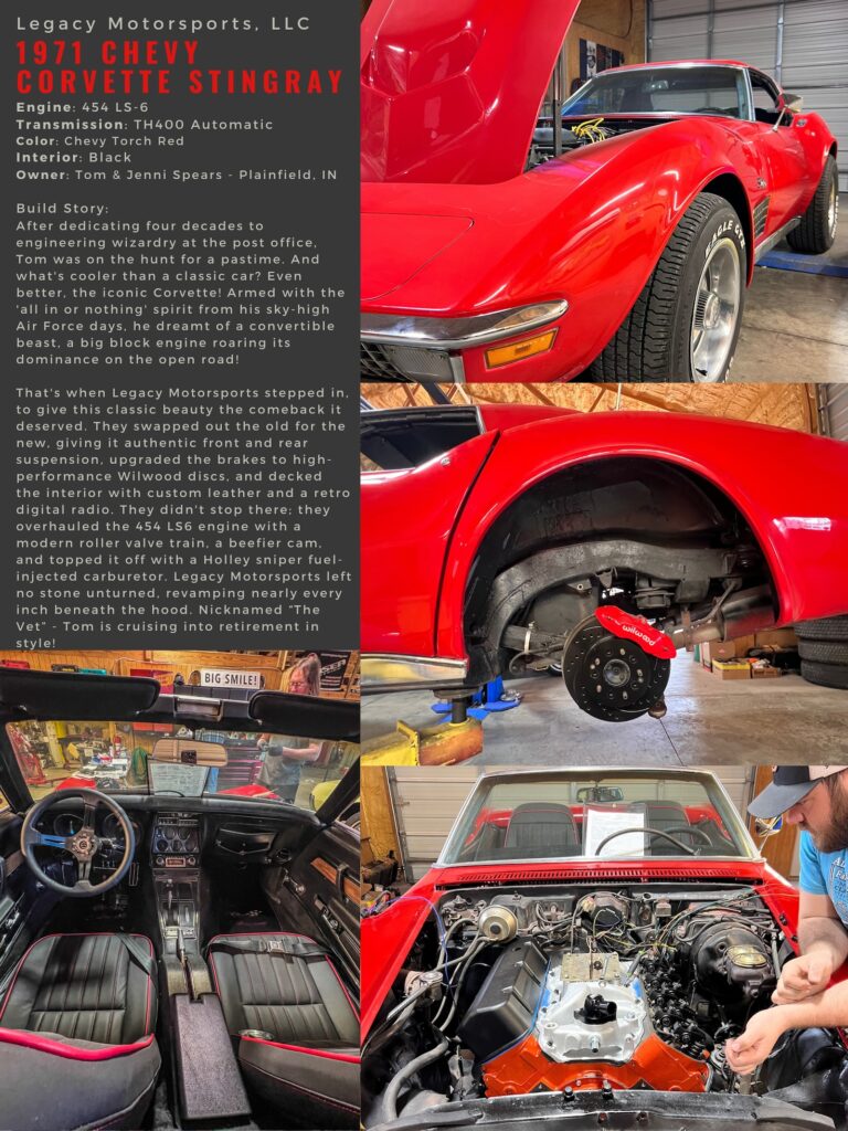 A restored 1971 Chevy Corvette Stingray in a radiant red, exhibiting its streamlined form and timeless design. The collage depicts the car's exterior, an enhanced 454 LS-6 engine bay, and the custom leather interior.