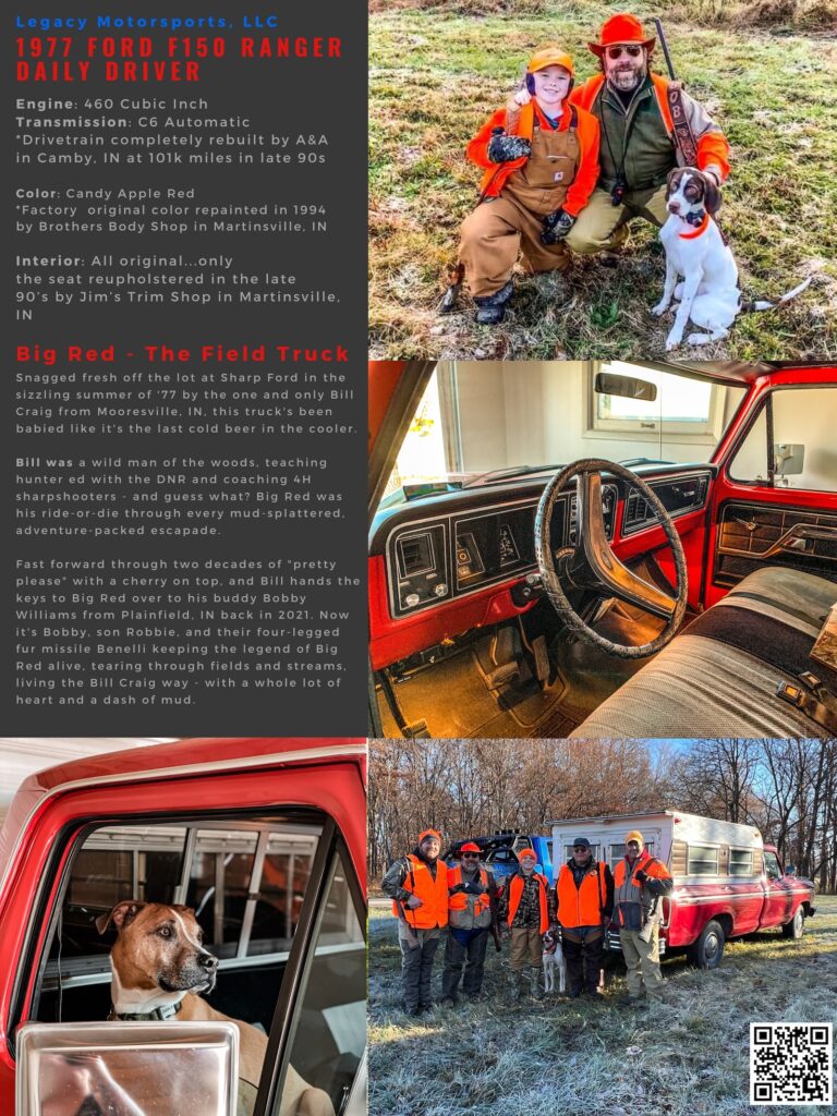 A 1977 Ford F150 Ranger, known affectionately as 'Big Red,' portrayed in a family hunting setting with a man, young boy, and their dog. The collage also features the Ranger's candy apple red exterior and well-kept original interior.