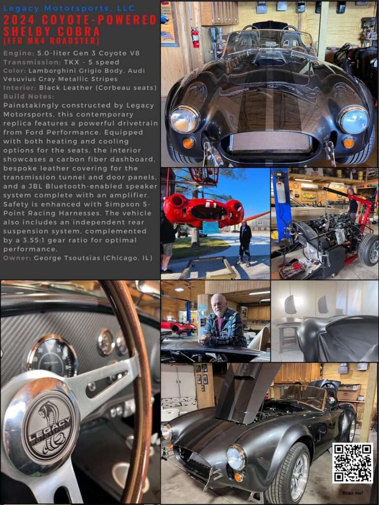 A 2024 Coyote-powered Shelby Cobra MK4 Roadster, finished in Lamborghini Grigio with Audi Vesuvius Gray stripes, displayed in a garage setting. Includes close-ups of the car's carbon fiber dashboard, leather Corbeau seats, and the owner overseeing the build.