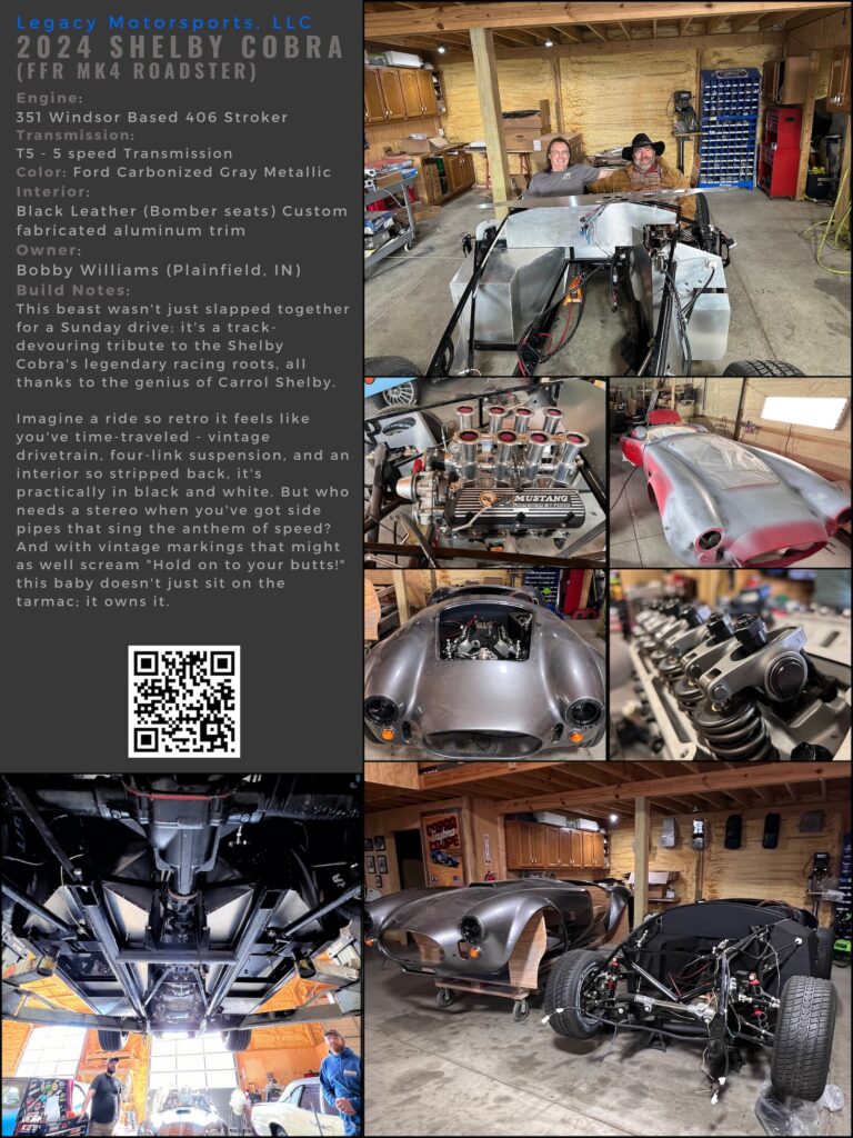 Progress shots of a 2024 Shelby Cobra MK4 Roadster build, highlighting its 351 Windsor-based 406 stroker engine, Ford Carbonized Gray Metallic frame, and black leather Bomber seats with aluminum trim.