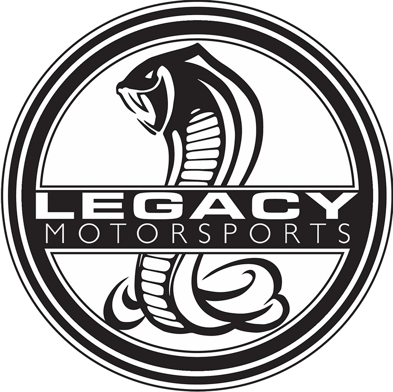 Legacy Motorsports logo featuring a stylized cobra head in black and white with the company name in bold capital letters beneath it.
